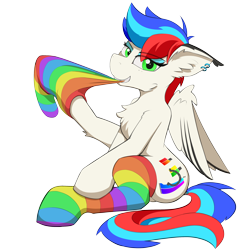 Size: 2800x2800 | Tagged: safe, artist:pedalspony, oc, oc only, oc:pedals, pegasus, pony, 2020 community collab, derpibooru community collaboration, chest fluff, clothes, dock, dock piercing, ear fluff, ear piercing, eyeshadow, female, femboy, fluffy, freckles, high res, looking at you, makeup, male, piercing, rainbow socks, simple background, slender, smiling, socks, solo, stallion, striped socks, thigh highs, thin, trans female, transgender, transparent background