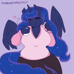 Size: 3000x3000 | Tagged: safe, artist:rainbowsprinklesart, princess luna, alicorn, anthro, g4, busty princess luna, chest fluff, chubby, cleavage fluff, clothes, cookie, cute, eating, ethereal mane, female, food, glass, heart, high res, lunabetes, milk, plump, simple background, smiling, starry mane, sweater, thick