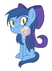 Size: 745x1017 | Tagged: safe, anonymous artist, dinky hooves, oc, oc:midnight light (bat filly), bat pony, pony, 2020 community collab, derpibooru community collaboration, g4, bat wings, bow, fangs, female, filly, foal, freckles, plushie, runt, simple background, solo, tiny, transparent background, wings
