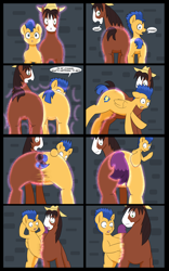 Size: 5000x8000 | Tagged: safe, artist:chedx, flash sentry, trouble shoes, oc, oc:fast hooves, clydesdale, earth pony, pegasus, pony, comic:the fusion flashback, g4, butt, comic, commissioner:bigonionbean, confused, flank, forced, fuse, fusion, fusion:flash sentry, fusion:trouble shoes, large butt, magic, merging, panicking, plot, potion, swelling, writer:bigonionbean