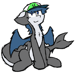 Size: 4096x3997 | Tagged: safe, artist:toothpastethy, oc, oc only, oc:thy, bat pony, hybrid, orca, orca pony, original species, absurd resolution, dorsal fin, fins, flippers, fluffy, hat, male, pose, simple background, smiling, solo, spread wings, stallion, tail, transparent background, wings
