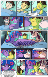 Size: 1800x2884 | Tagged: safe, artist:candyclumsy, oc, oc:king speedy hooves, oc:queen galaxia (bigonionbean), oc:tommy the human, alicorn, human, pony, comic:nightmare pulsar, alicorn oc, bad dream, bed, bedroom, canterlot, canterlot castle, clothes, colt, comic, commissioner:bigonionbean, concerned, cute, daaaaaaaaaaaw, family, father and son, female, fusion, fusion:big macintosh, fusion:flash sentry, fusion:princess cadance, fusion:princess celestia, fusion:princess luna, fusion:shining armor, fusion:trouble shoes, fusion:twilight sparkle, halloween, holiday, horn, human oc, human to pony, husband and wife, kissing, levitation, loving embrace, magic, male, mother and son, nightmare night, nuzzling, pajamas, peaceful, reassurance, reversion, scared, sleeping, stallion, telekinesis, tired, together forever, transformation, wing extensions, writer:bigonionbean, yawn