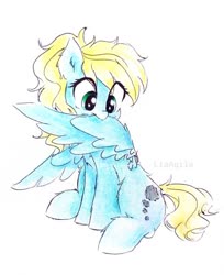 Size: 808x989 | Tagged: safe, artist:liaaqila, oc, oc only, oc:steam cloud, pony, cute, eye clipping through hair, female, grooming, mare, preening, simple background, solo, traditional art, white background