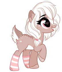 Size: 1594x1833 | Tagged: safe, artist:emberslament, oc, oc only, oc:cinnamon cream, deer, deer pony, original species, 2020 community collab, derpibooru community collaboration, blaze (coat marking), clothes, coat markings, cute, eye clipping through hair, facial markings, female, freckles, happy, heart eyes, open mouth, pale belly, simple background, socks, solo, striped socks, transparent background, white belly, wingding eyes