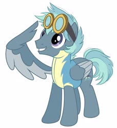 Size: 3738x4096 | Tagged: safe, artist:emberslament, oc, oc only, oc:storm surge, pegasus, pony, clothes, cute, goggles, male, simple background, stallion, uniform, white background, wing hands, wing salute, wings, wonderbolt trainee uniform