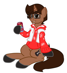 Size: 3023x3266 | Tagged: safe, artist:nerdymexicanunicorn, oc, oc only, oc:nerdy, pony, unicorn, 2020 community collab, derpibooru community collaboration, clothes, cutie mark, high res, hoodie, male, simple background, sitting, smiling, soda can, solo, sprite cranberry, transparent background