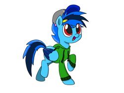 Size: 2048x1536 | Tagged: safe, artist:derpyalex2, oc, oc only, oc:cobalt chaser, pegasus, pony, 2020 community collab, derpibooru community collaboration, clothes, eye clipping through hair, hoodie, open mouth, pegasus oc, raised hoof, simple background, solo, transparent background