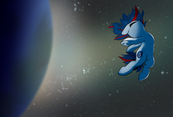 Size: 3300x2250 | Tagged: source needed, safe, artist:lux, oc, oc only, oc:nasapone, earth pony, pony, armpits, broken glass, eyes closed, floating, high res, microgravity, ponified, solo, space, the expanse