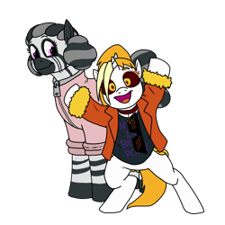 Size: 3000x3000 | Tagged: safe, artist:pony quarantine, oc, oc only, oc:dyx, oc:munyu, alicorn, pony, zebra, 2020 community collab, derpibooru community collaboration, alicorn oc, chains, clothes, cute, dyxbetes, happy face, high res, horn, jacket, looking at you, ponytail, shirt, simple background, smiling, sunglasses, text, transparent background, truth, windbreaker