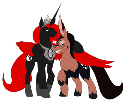Size: 2807x2292 | Tagged: safe, artist:dragga, oc, oc only, oc:darkness, oc:wacky quest, alicorn, unicorn, 2020 community collab, derpibooru community collaboration, alicorn oc, duo, horn, long ears, red and black oc, simple background, standing, transparent background, unicorn oc
