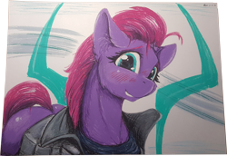 Size: 3756x2579 | Tagged: safe, artist:alcor, fizzlepop berrytwist, tempest shadow, pony, unicorn, g4, blushing, broken horn, clothes, cute, ear fluff, female, high res, horn, jacket, mare, solo, tempestbetes, traditional art