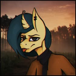 Size: 1080x1080 | Tagged: safe, artist:dolor, oc, oc only, oc:wata, unicorn, anthro, autumn, clothes, digital art, forest, piercing, scarf, solo, tongue out