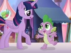 Size: 2732x2048 | Tagged: safe, artist:justsomepainter11, spike, twilight sparkle, alicorn, dragon, pony, g4, my little pony: the movie, canterlot, dancing, happy, high res, movie accurate, show accurate, twilight sparkle (alicorn)