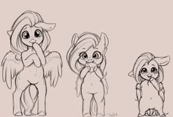 Size: 4000x2703 | Tagged: safe, artist:miokomata, fluttershy, pegasus, semi-anthro, g4, age progression, arm hooves, belly button, both cutie marks, chest fluff, cookie, cute, featureless crotch, female, floppy ears, food, freckles, front view, full face view, grayscale, high res, looking at you, mare, monochrome, self ponidox, shyabetes, simple background, size difference, smiling, smol, tallershy, triality, white background