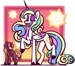 Size: 1280x1139 | Tagged: safe, artist:mrraapeti, princess celestia, oc, oc:eclipse, alicorn, pony, g4, purple sclera, size difference