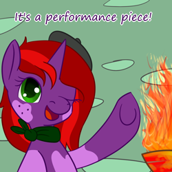 Size: 1280x1280 | Tagged: safe, artist:maplesquidarts, oc, oc only, oc:rogue dream, pony, unicorn, beret, female, fire, hat, mare, one eye closed, solo, wink