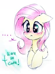 Size: 2245x2993 | Tagged: safe, artist:liaaqila, part of a set, fluttershy, pony, g4, ..., :<, blushing, bust, chest fluff, cute, dialogue, ear fluff, female, floppy ears, high res, leg fluff, mare, offscreen character, shyabetes, simple background, solo, three quarter view, traditional art