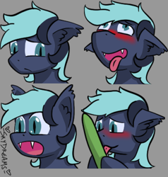 Size: 400x420 | Tagged: safe, artist:skydreams, oc, oc only, oc:helium star, bat pony, ahegao, bat pony oc, blushing, commission, cucumber, eeee, embarrassed, emoji, emotes, fangs, food, licking, male, not porn, open mouth, sad, stallion, tongue out