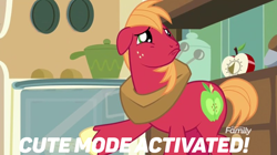 Size: 748x419 | Tagged: safe, edit, edited screencap, screencap, big macintosh, earth pony, pony, g4, the break up breakdown, cute, cute mode activated, discovery family logo, food, macabetes, male, meme, oven, pie, pointing, puppy dog eyes, sad, sadorable, solo, stallion, text