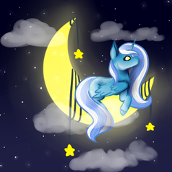 Size: 512x512 | Tagged: safe, artist:b-l-ue, oc, oc only, oc:fleurbelle, alicorn, pony, adorabelle, alicorn oc, cloud, cute, female, horn, mare, moon, solo, stars, tangible heavenly object, yellow eyes