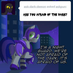 Size: 800x800 | Tagged: safe, artist:crispokefan, oc, oc only, oc:pun, pony, ask pun, agent 707, armor, ask, female, mare, night guard armor, solo