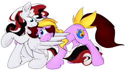 Size: 2136x1200 | Tagged: safe, artist:stec-corduroyroad, derpibooru exclusive, oc, oc only, oc:bridle timeout, oc:corduroy road, earth pony, pegasus, pony, 2020 community collab, derpibooru community collaboration, cordy, cute, duo, feather, female, looking at each other, male, raised hoof, simple background, transparent background, wings