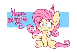 Size: 1300x900 | Tagged: safe, artist:heir-of-rick, fluttershy, pegasus, pony, g4, cute, dialogue, female, happy birthday, hat, mare, party hat, raised hoof, shyabetes, sitting, smiling, solo, three quarter view