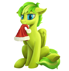 Size: 1000x1035 | Tagged: safe, artist:foxpit, derpibooru exclusive, oc, oc only, oc:lime zest, pegasus, pony, 2020 community collab, derpibooru community collaboration, christmas, hat, holiday, looking at you, male, mouth hold, santa hat, sitting, solo, transparent background