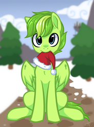 Size: 2358x3200 | Tagged: safe, artist:megabait, oc, oc only, oc:lime zest, pegasus, pony, christmas, hat, high res, holiday, looking at you, male, mouth hold, santa hat, sitting, snow, solo, winter