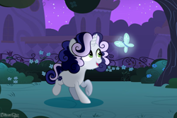 Size: 2904x1944 | Tagged: safe, artist:dianamur, oc, oc only, oc:stormy, butterfly, pony, unicorn, bush, canterlot, female, filly, flly, flower, glowing, night, offspring, parent:rumble, parent:sweetie belle, parents:rumbelle, playing, solo, stars