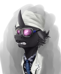 Size: 1000x1200 | Tagged: safe, artist:richmay, oc, oc only, oc:legus, changeling, equestria at war mod, changeling oc, clothes, crossover, glasses, purple changeling, scientist