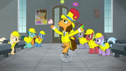 Size: 1920x1080 | Tagged: safe, screencap, banana mash, cheese sandwich, giggleberry, lavender chuckle, earth pony, pony, g4, the last laugh, background pony, female, juggling, male, mare, singing, stallion, unicycle, unnamed character, unnamed pony