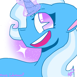 Size: 768x768 | Tagged: safe, artist:miles-bow, trixie, pony, unicorn, g4, abstract background, bust, female, magic, mare, open mouth, signature, smiling, solo