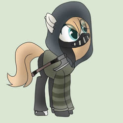 Size: 1020x1020 | Tagged: artist needed, safe, oc, oc only, oc:star north, earth pony, pony, axe, clothes, cosplay, costume, creepypasta, female, full body, mare, piercing, simple background, solo, ticci toby cosplay, ticci-toby, viking axe, weapon