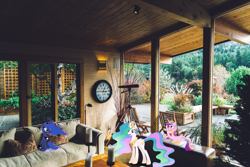 Size: 2500x1667 | Tagged: safe, artist:90sigma, artist:dashiesparkle, princess cadance, princess celestia, princess luna, alicorn, pony, g4, clock, couch, female, house, interior, irl, photo, ponies in real life