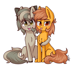 Size: 1920x1840 | Tagged: safe, artist:dsp2003, oc, oc only, oc:meadow stargazer, oc:stone, earth pony, pony, 2020 community collab, derpibooru community collaboration, :p, blushing, chest fluff, eye clipping through hair, female, freckles, hug, looking at you, mare, open mouth, simple background, smug, tongue out, transparent background
