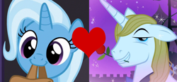 Size: 1448x680 | Tagged: safe, edit, edited screencap, screencap, prince blueblood, trixie, g4, the best night ever, to where and back again, female, male, ship:bluetrix, shipping, shipping domino, straight