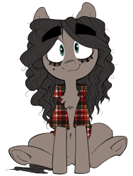Size: 753x1004 | Tagged: safe, artist:whydomenhavenipples, oc, oc only, oc:nips, earth pony, pony, 2020 community collab, derpibooru community collaboration, clothes, dark circles, earth pony oc, flannel, male, shirt, simple background, sitting, smiling, solo, thick eyebrows, transparent background