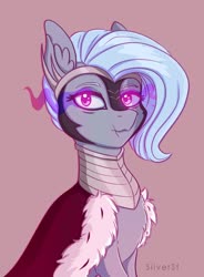 Size: 738x1002 | Tagged: safe, artist:tanatos, oc, oc only, oc:silver dust, pony, cape, clothes, cosplay, costume, female, halloween, halloween costume, light blue hair, mare, purple eyes, simple background, solo, sombra cosplay, sombra eyes