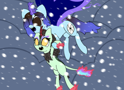 Size: 4448x3234 | Tagged: safe, artist:ceemakesstuff, oc, oc only, oc:cee, kirin, phoenix pony, pony, carrying, cloud, cloudy, duo, fire, flying, happy, kirin oc, snow