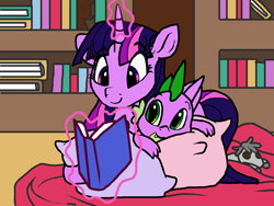 Size: 1426x1070 | Tagged: source needed, safe, artist:smirk, smarty pants, spike, twilight sparkle, alicorn, dragon, pony, g4, book, bookshelf, cute, doll, duo, library, magic, mama twilight, ms paint, pillow, spikabetes, toy, twiabetes, twilight sparkle (alicorn)