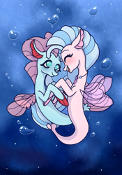 Size: 1400x2000 | Tagged: safe, artist:emiiambar, ocellus, silverstream, seapony (g4), g4, bubble, cute, diaocelles, diastreamies, disguise, disguised changeling, female, fins, jewelry, lesbian, necklace, open mouth, seaponified, seapony ocellus, seapony silverstream, ship:ocellustream, shipping, smiling, species swap, underwater, water