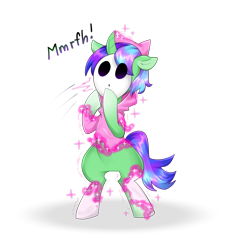 Size: 1629x1689 | Tagged: safe, artist:kaikururu, oc, oc only, oc:crescent star, crystal pony, crystal unicorn, pony, shy guy, unicorn, alternate hairstyle, alternate mane color, bipedal, bipedal leaning, clothes, costume, crossover, hoodie, leaning, mask, simple background, sissy, sissyfication, socks, solo, super mario bros., text, transformation, transparent background