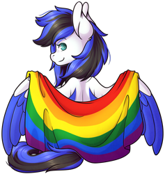 Size: 1749x1845 | Tagged: safe, artist:ak4neh, oc, oc only, oc:black ice, pegasus, pony, clothes, cute, female, flag, looking at you, mare, pegasus oc, pride, pride flag, simple background, sitting, solo, spread wings, transparent background, wings