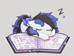 Size: 500x378 | Tagged: safe, artist:honkinoo, oc, oc only, oc:black ice, pegasus, pony, animated, book, cute, eyes closed, female, gif, mare, onomatopoeia, simple background, sleeping, solo, sound effects, zzz
