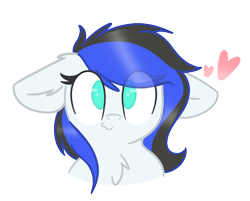 Size: 2170x1744 | Tagged: safe, artist:itsmeelement, oc, oc only, oc:black ice, pegasus, pony, :3, bust, chest fluff, cute, ear fluff, eye clipping through hair, female, floppy ears, heart, mare, simple background, solo, transparent background