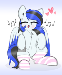 Size: 1751x2113 | Tagged: safe, artist:itsmeelement, oc, oc only, oc:black ice, pegasus, pony, belly button, chest fluff, clothes, cute, ear fluff, eyes closed, female, headphones, heart, mare, music notes, simple background, sitting, socks, solo, striped socks, tongue out