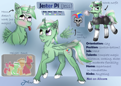 Size: 1408x1000 | Tagged: safe, artist:jesterpi, oc, oc only, oc:jester pi, pegasus, pony, clothes, green, horn, maid, male, piercing, reference sheet, small, thin mint, wings