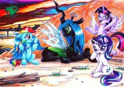 Size: 1280x904 | Tagged: source needed, useless source url, safe, artist:olgfox, queen chrysalis, rainbow dash, starlight glimmer, twilight sparkle, alicorn, changeling, changeling queen, pegasus, pony, unicorn, g4, crying, desert, eye contact, female, looking at each other, prone, traditional art, twilight sparkle (alicorn)