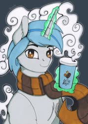 Size: 824x1155 | Tagged: safe, artist:tanatos, oc, oc only, pony, unicorn, brown eyes, clothes, coffee, female, green magic, light blue hair, mare, scarf, solo